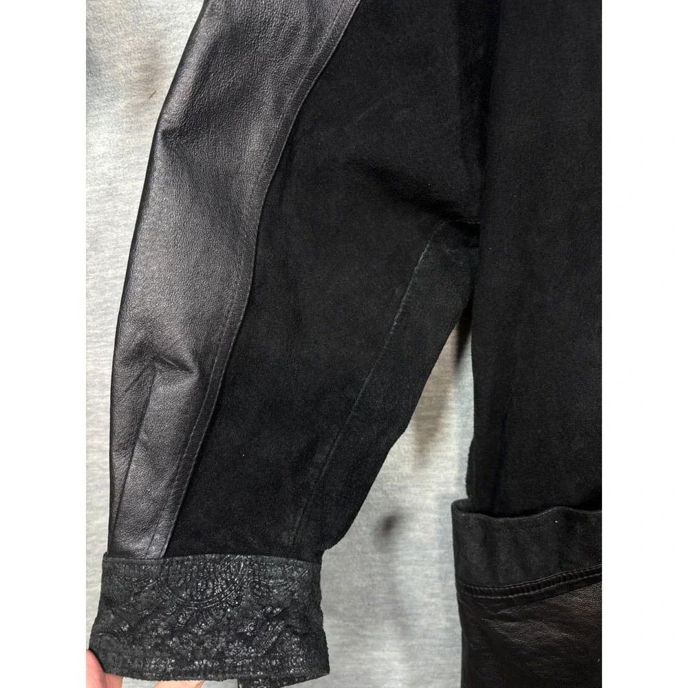 Vtg G-III Black Leather Coat‎ Womens M Suede Paisley Trench Duster Jacket